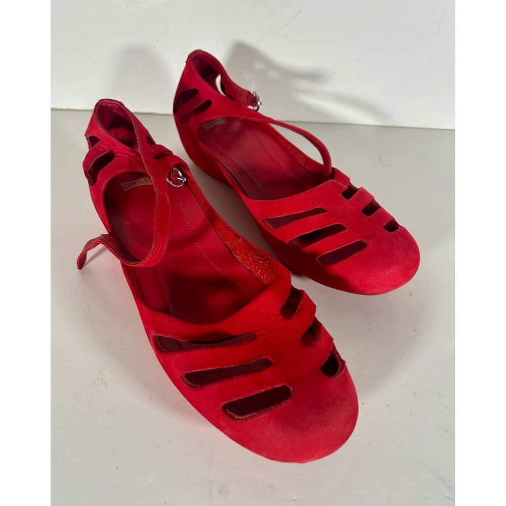 Camper Red Suede Cutout Mary Jane Ankle Strap Flats Size 37 EU
